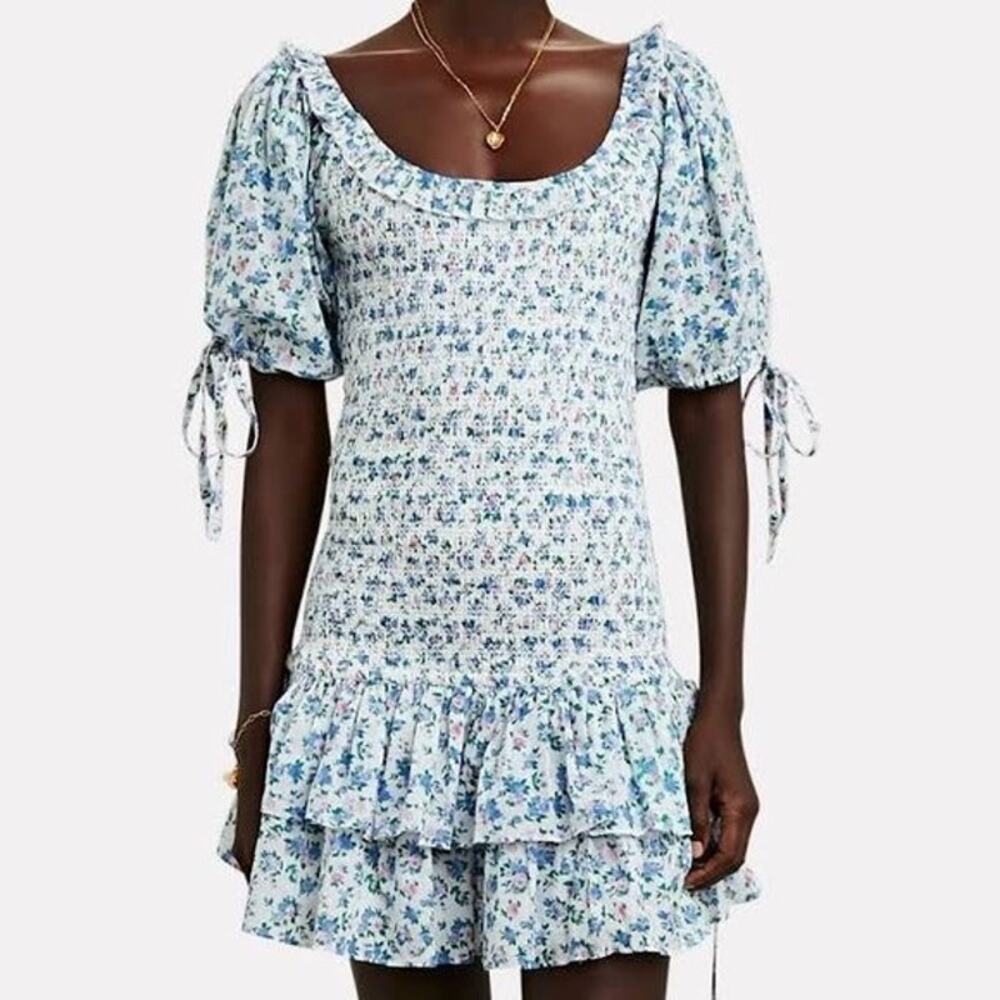 LoveShackFancy Violet Smocked Mini Dress Blue Floral